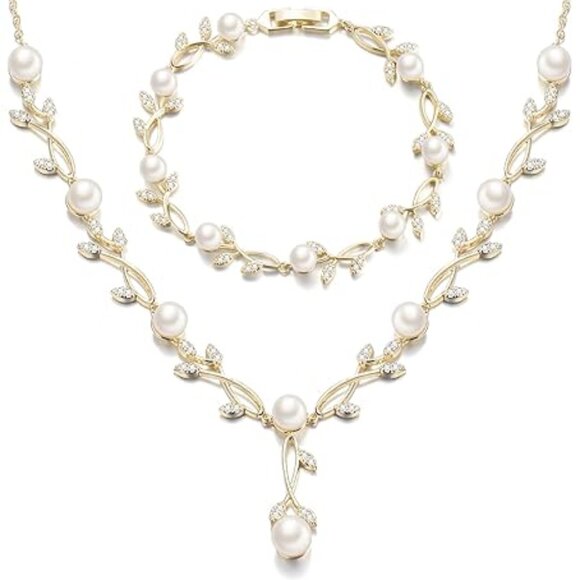White CZ Simulated Pearl Leaf Vine Pendant Necklace Earrings Set Wedding Party - Picture 1 of 4